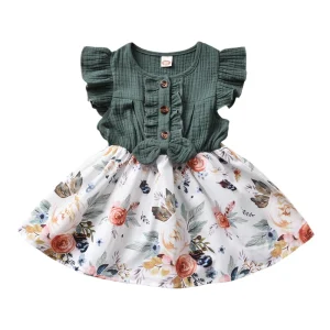 Girls Bowknot Floral Print Ruffles
