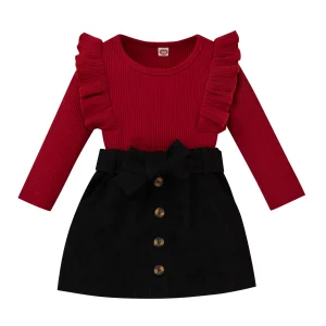 Girls Outfit Long Sleeve Tops + Button Short Skirt Belt  Set