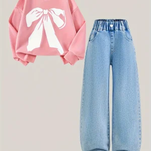 Girl's butterfly sports hoodie + bow-knotted  jeans set.