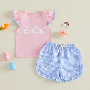 Girls Easter Outfit Set with Bunny Embroidery