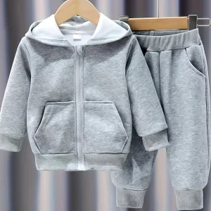 Solid color zipper Hooded Jacket Boys girls Pants Sets
