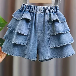 Girls Pleated Frill Denim Shorts