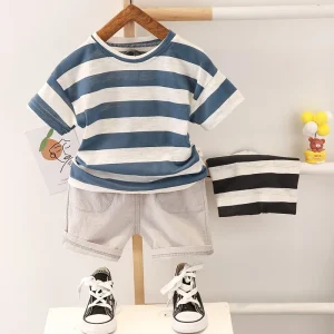 Summer Baby Boys Clothes Suit Fashion Tshirt Toddler Boy Outfit Set Stripe Shirt+Denim Shorts 2 Pcs Sets Infants Kids Clothes