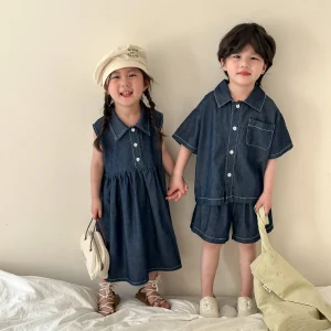 Brother Sister Clothes  Summer Denim Suit For Boy Casual Girl's Denim Dress Short Sleeve