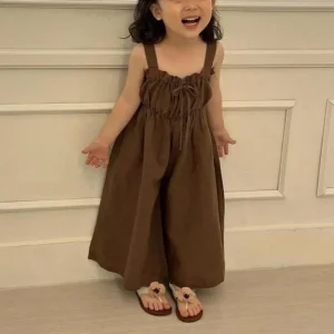2026 Summer New Girls Jumpsuit Loose Children Wide Leg Pants Cotton Baby Girls Sling Pants Fashion Kids Clothes