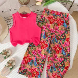 Girls' 2-Piece Summer Outfit Set: Sleeveless Top & Elastic-Waist Wide-Leg Pants—Perfect for Vacations and the Beach. Stylish Summer