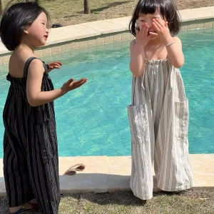 Girls Vertical Striped Double Pocket Jumpsuit Children's Pants 2025 Summer Outfit New Japanese and Korean Children's Clothing