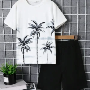 Summer  8-14  Year  Old  Boys  Hawaiian  Style  Sportswear  Breathable  And  Sweat  Absorbing  Short  Sleeved  Sports  Style Set