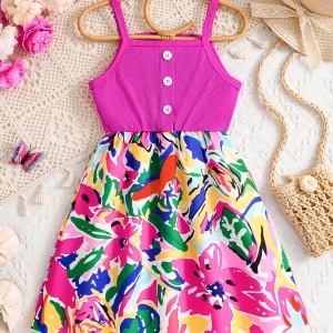 Kids Summer Dress Girls Fashion Cute Casual dress Pink sleeveless graffiti print Girls Summer outdoor vacation casual dress