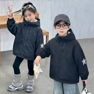 Autumn Winter Boys Girls Plush Warm Hooded Jacket 2-14 Years Kids Fashion Star Print Waterproof Windproof Sports Cargo Coat