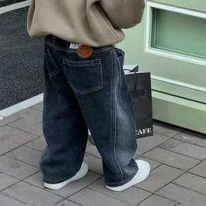 Childrens Boys Denim Pants One-piece Fleece Thickened Autumn Winter Casual Kids Baby Boys Pants Toddler Boys Warm Jeans
